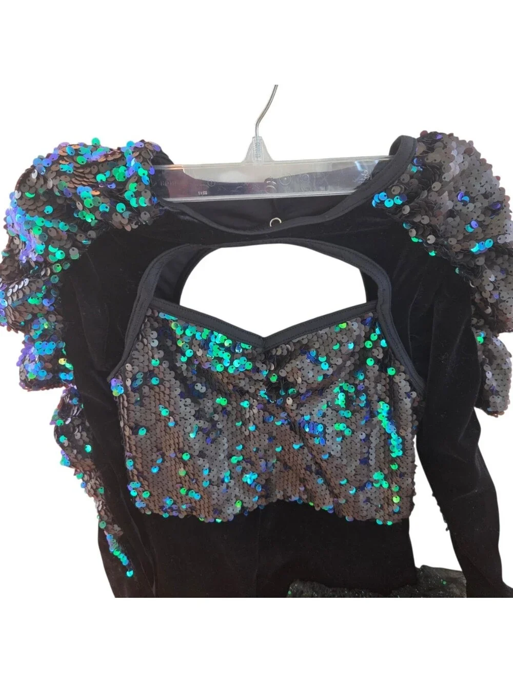 Weissman 8465 A WORLD ALONE Green Sequin Side Bustle Dance Costume Size LC 14